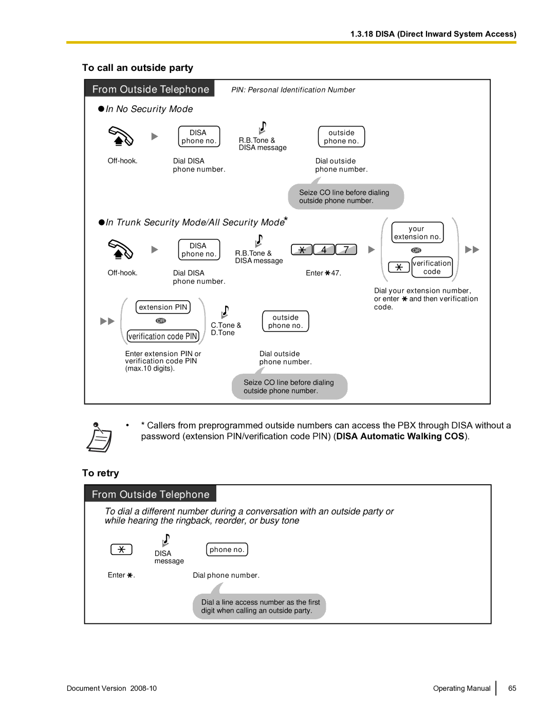 Panasonic KX-TDE600 manual To call an outside party, To retry, Disa message Off-hook Dial Disa Dial outside, Verification 