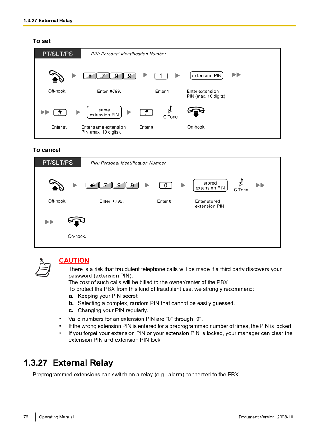 Panasonic KX-TDE600 manual External Relay, 799, Enter extension, Stored Extension PIN 