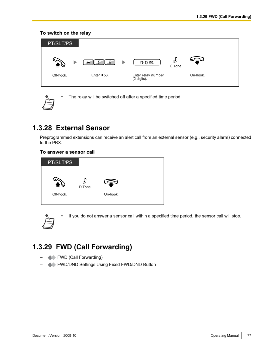 Panasonic KX-TDE600 manual External Sensor, FWD Call Forwarding, To switch on the relay, To answer a sensor call, Relay no 