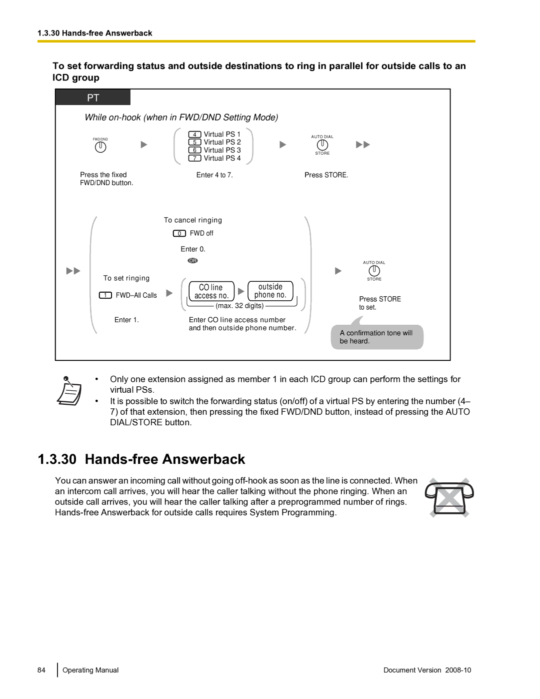 Panasonic KX-TDE600 Hands-free Answerback, FWD/DND button To cancel ringing, To set ringing, Enter CO line access number 