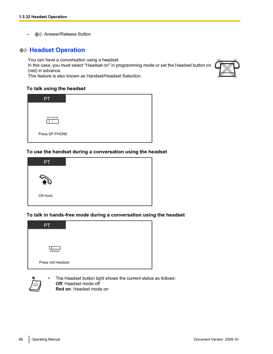 Panasonic KX-TDE600 manual Headset Operation, To talk using the headset 