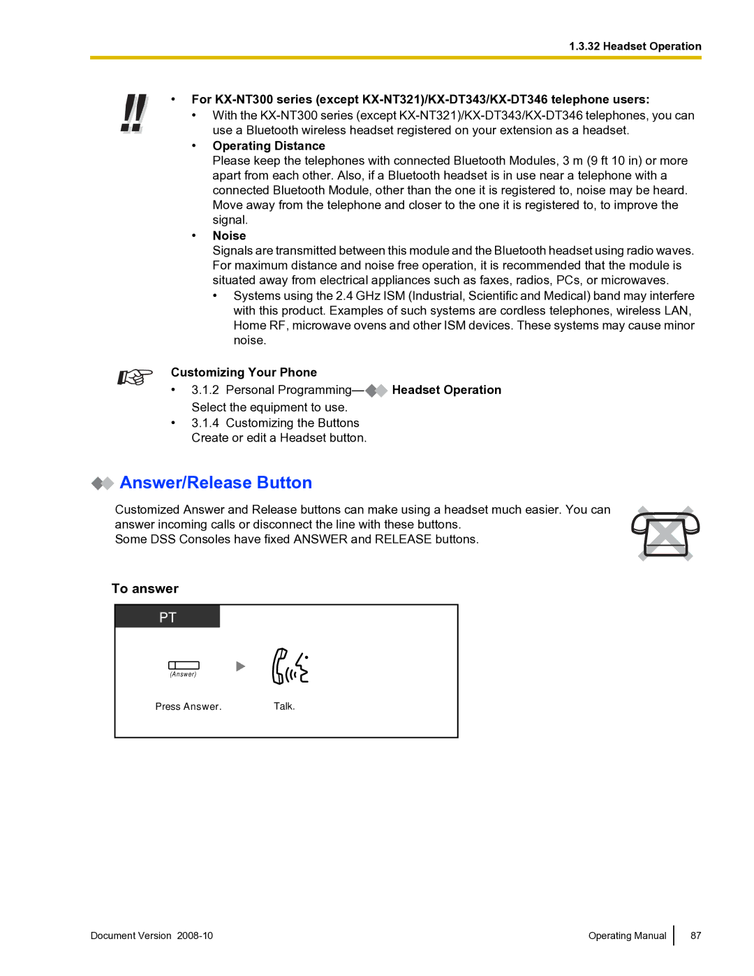 Panasonic KX-TDE600 manual Answer/Release Button, To answer, Operating Distance, Noise 