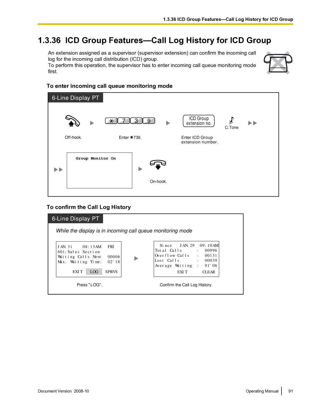 Panasonic KX-TDE600 manual ICD Group Features-Call Log History for ICD Group, To enter incoming call queue monitoring mode 