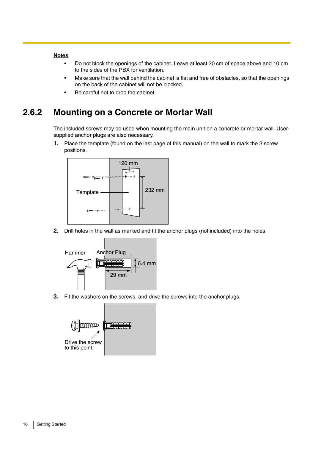 Panasonic kx-tea308, KX-TEB308 manual Mounting on a Concrete or Mortar Wall 