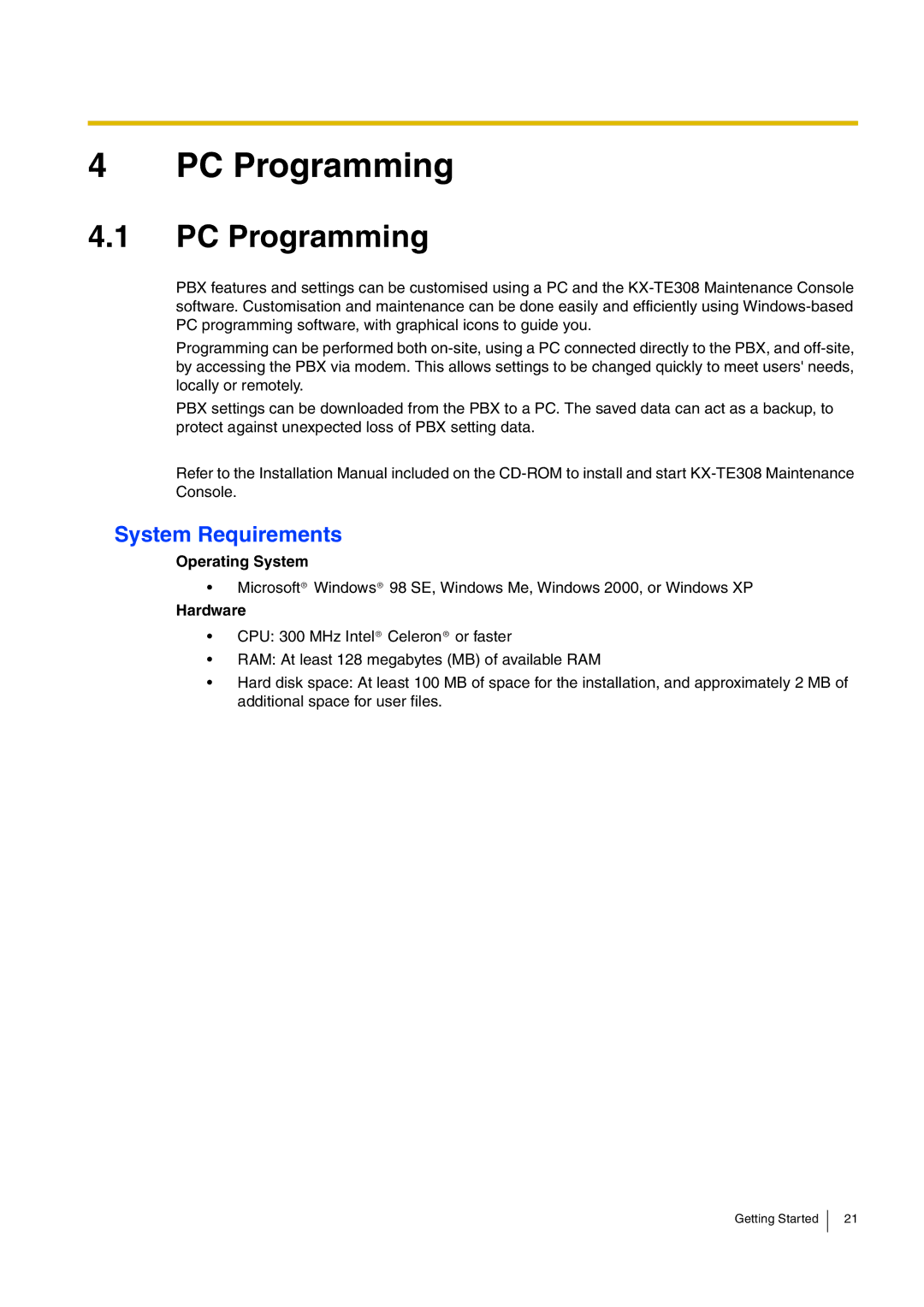 Panasonic KX-TEB308, kx-tea308 manual PC Programming, System Requirements, Operating System, Hardware 