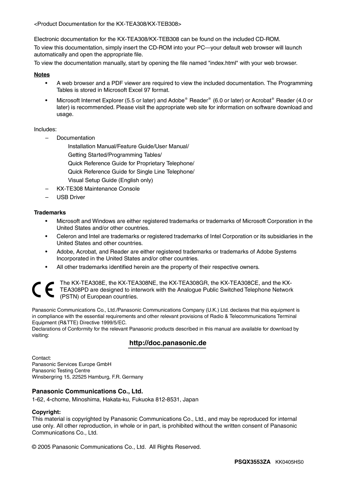 Panasonic kx-tea308, KX-TEB308 manual Trademarks, Copyright PSQX3553ZA KK0405HS0 