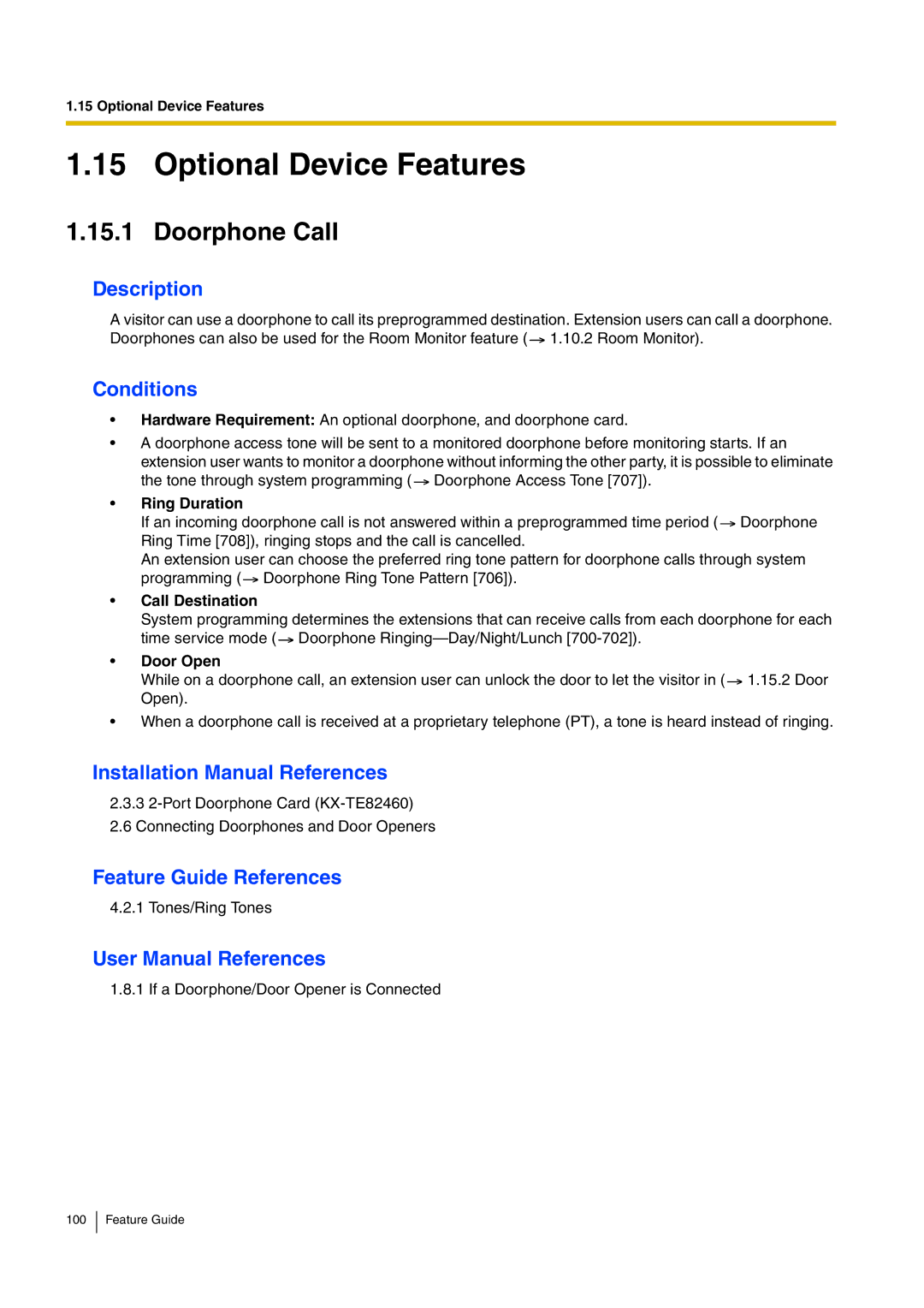 Panasonic kx-tea308 manual Optional Device Features, Doorphone Call, Ring Duration, Call Destination, Door Open 