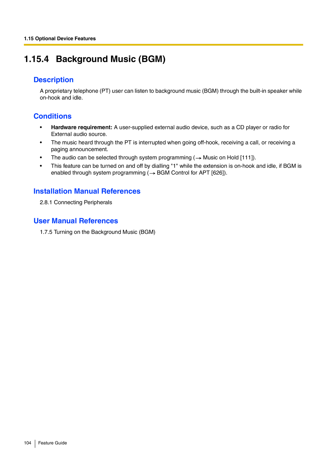 Panasonic kx-tea308 manual Background Music BGM 