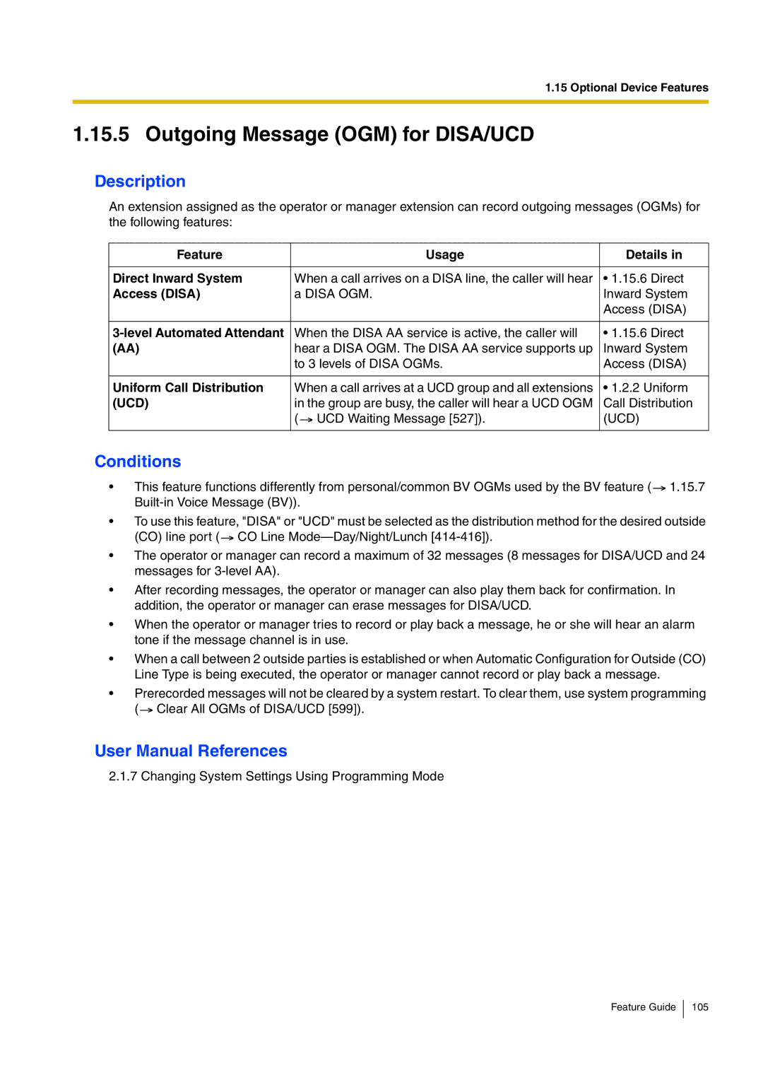 Panasonic kx-tea308 manual Outgoing Message OGM for DISA/UCD, Feature Usage Details Direct Inward System, Access Disa 