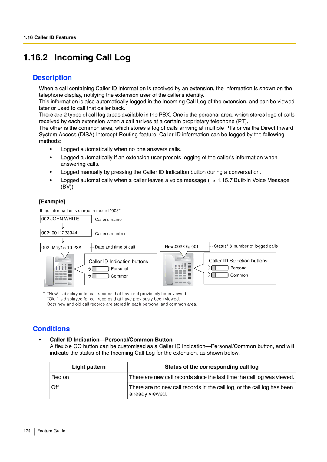 Panasonic kx-tea308 manual Incoming Call Log, Caller ID Indication-Personal/Common Button 