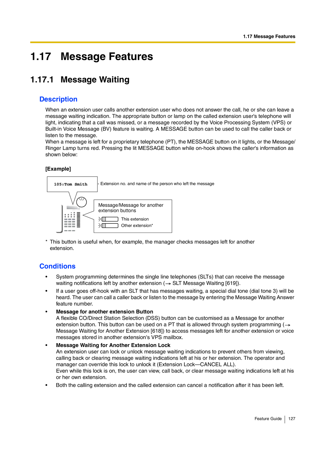 Panasonic kx-tea308 manual Message Features, Message Waiting, Message for another extension Button 