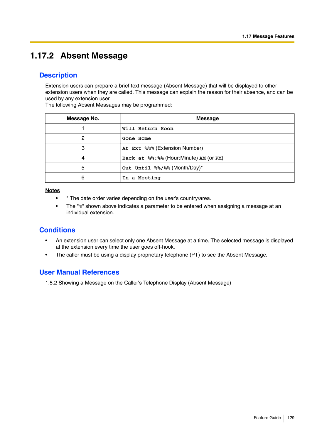 Panasonic kx-tea308 manual Absent Message, Message No 