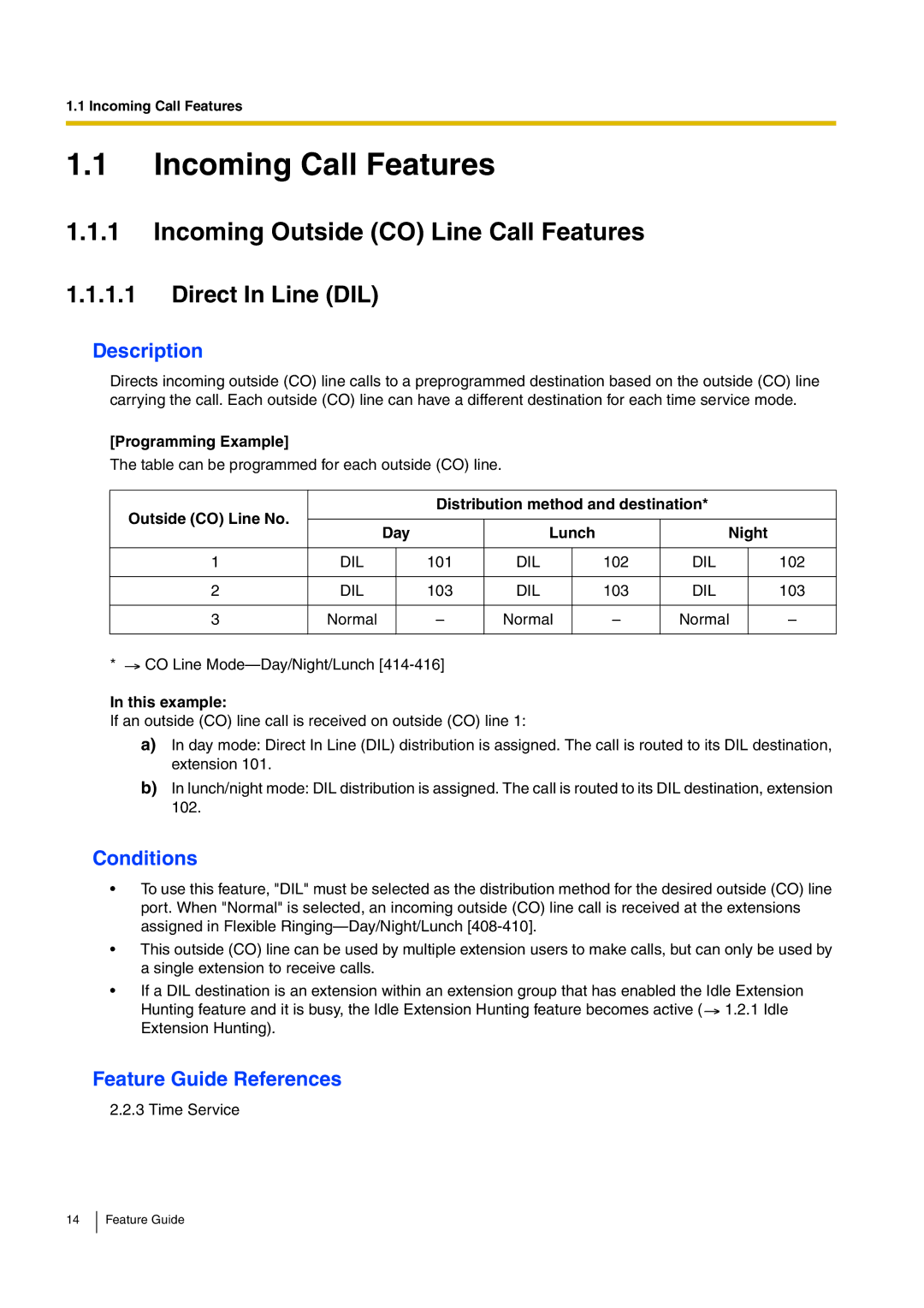 Panasonic kx-tea308 manual Incoming Call Features, Incoming Outside CO Line Call Features, Direct In Line DIL, This example 