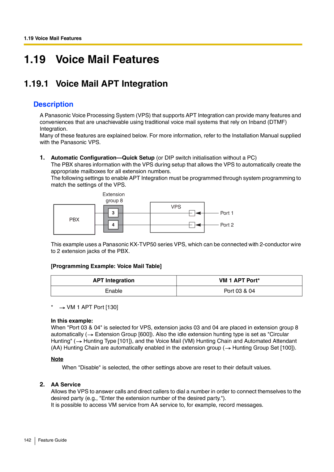 Panasonic kx-tea308 manual Voice Mail Features, Voice Mail APT Integration, AA Service 