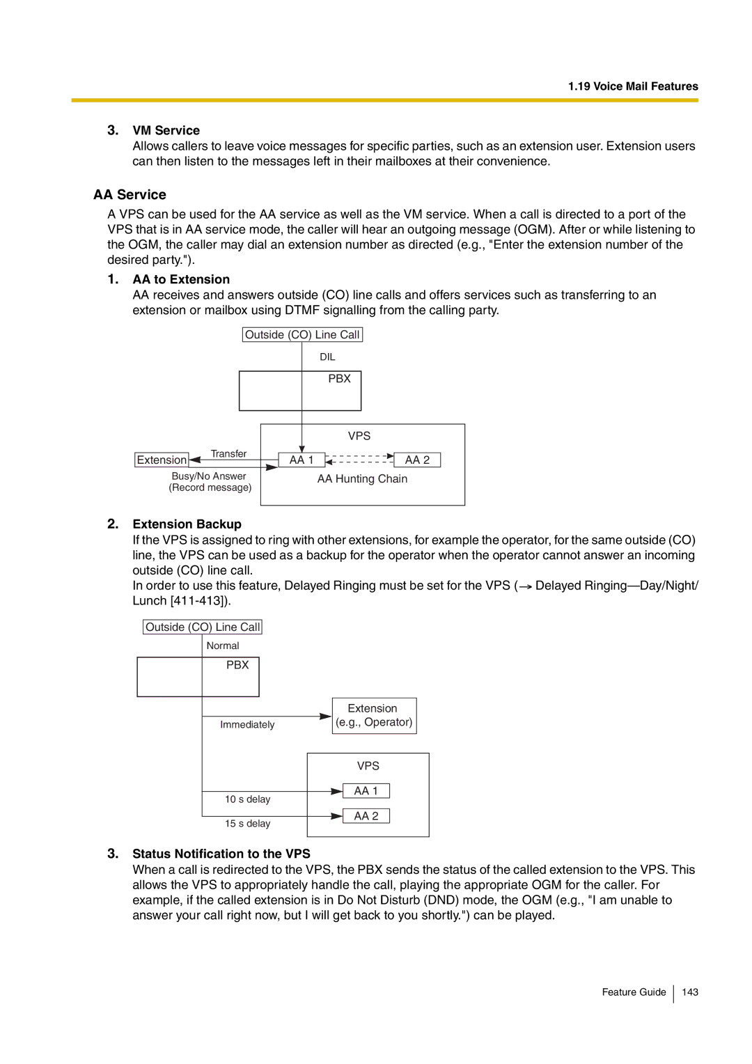 Panasonic kx-tea308 manual AA Service, VM Service, AA to Extension, Extension Backup, Status Notification to the VPS 