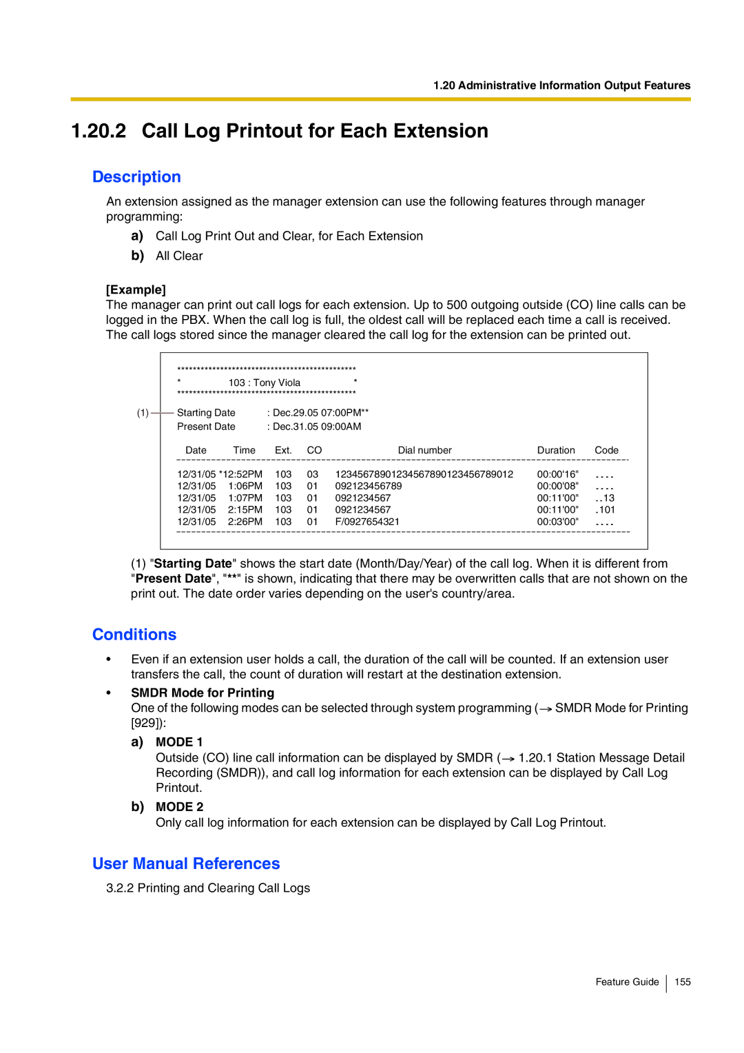 Panasonic kx-tea308 manual Call Log Printout for Each Extension, Smdr Mode for Printing 