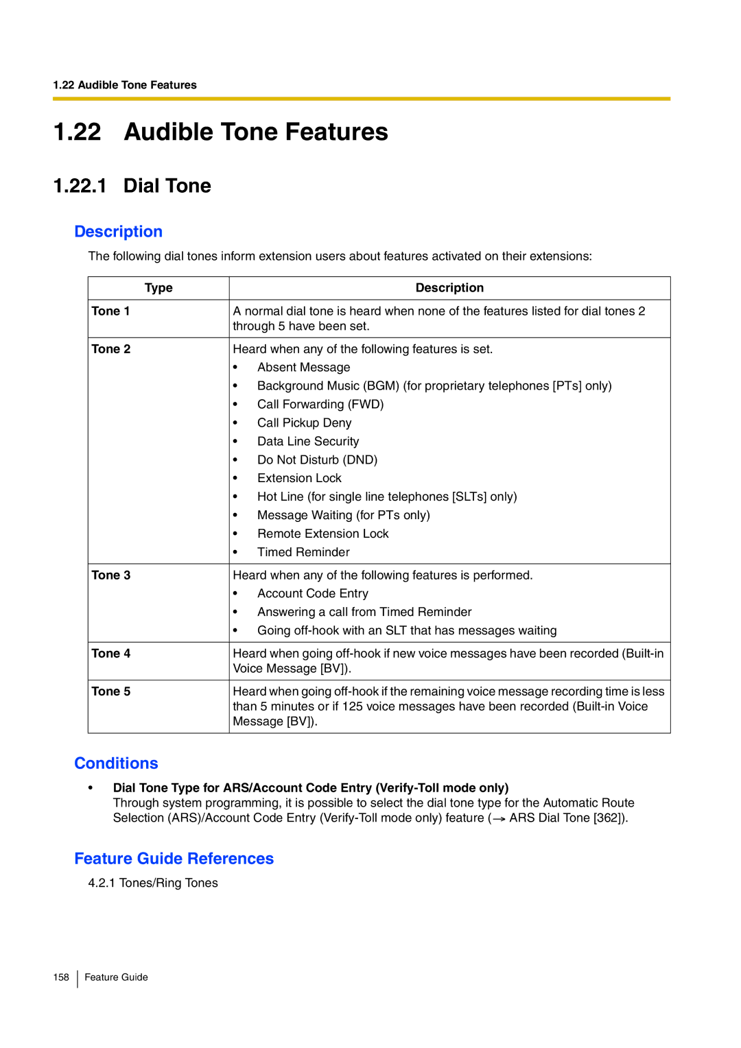 Panasonic kx-tea308 manual Audible Tone Features, Dial Tone, Type Description Tone 