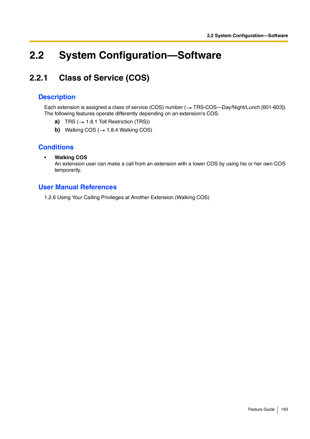 Panasonic kx-tea308 manual System Configuration-Software, Class of Service COS, Walking COS 