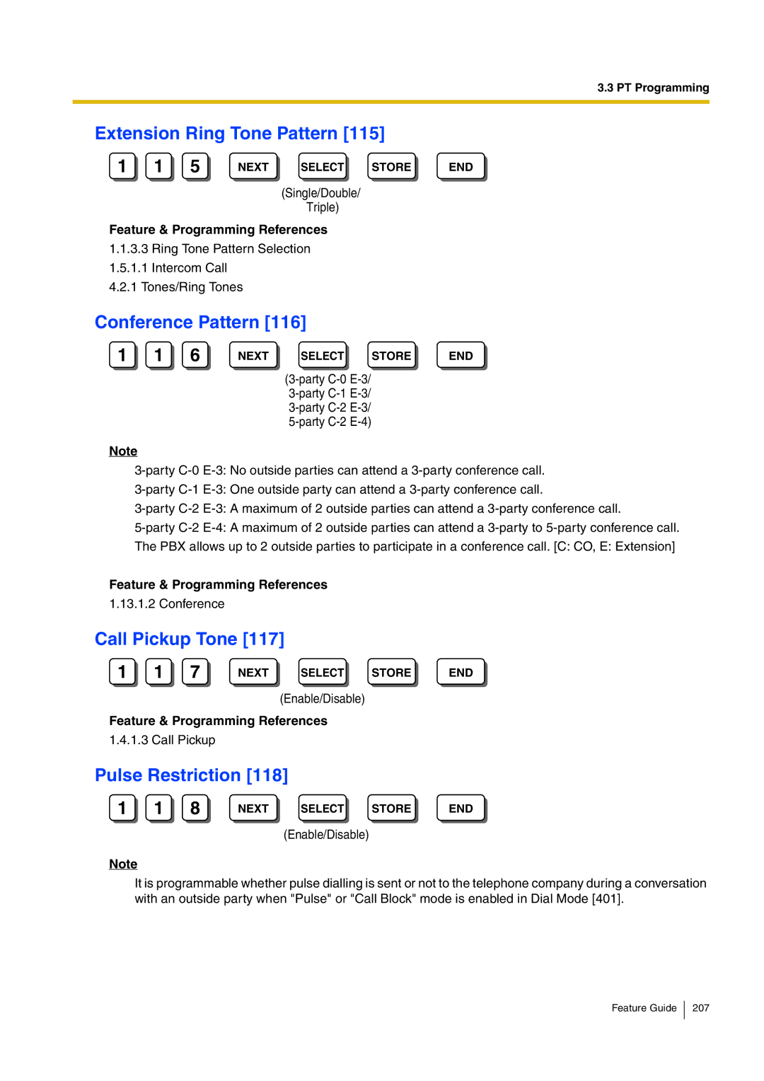 Panasonic kx-tea308 manual Extension Ring Tone Pattern, Conference Pattern, Call Pickup Tone, Pulse Restriction 