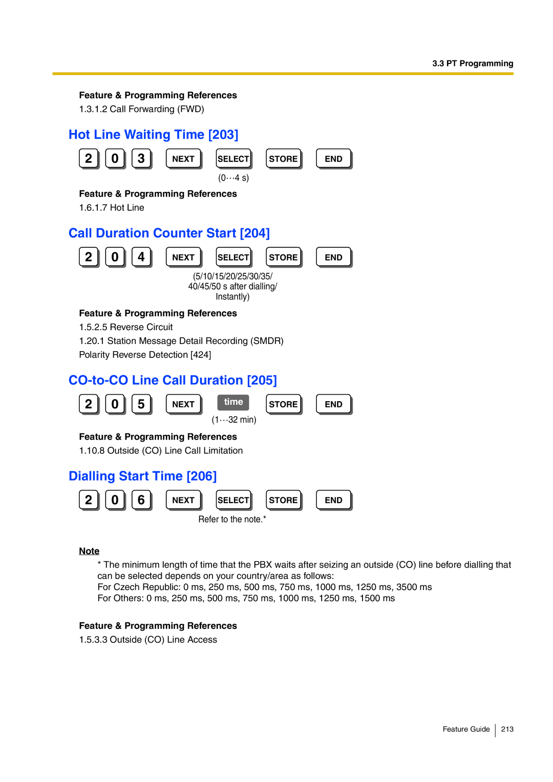 Panasonic kx-tea308 Hot Line Waiting Time, Call Duration Counter Start, CO-to-CO Line Call Duration, Dialling Start Time 