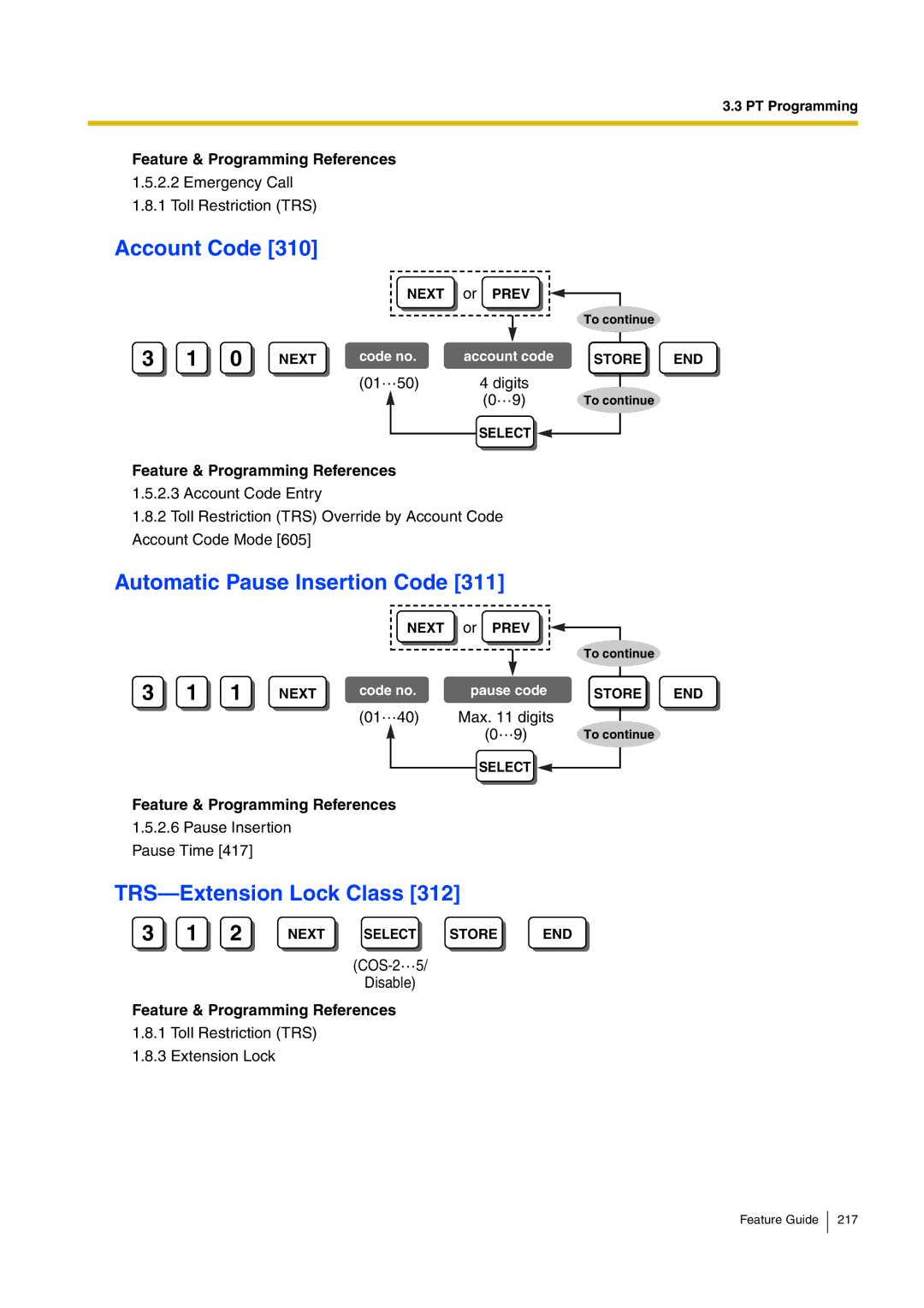 Panasonic kx-tea308 manual Account Code, Automatic Pause Insertion Code, TRS-Extension Lock Class 