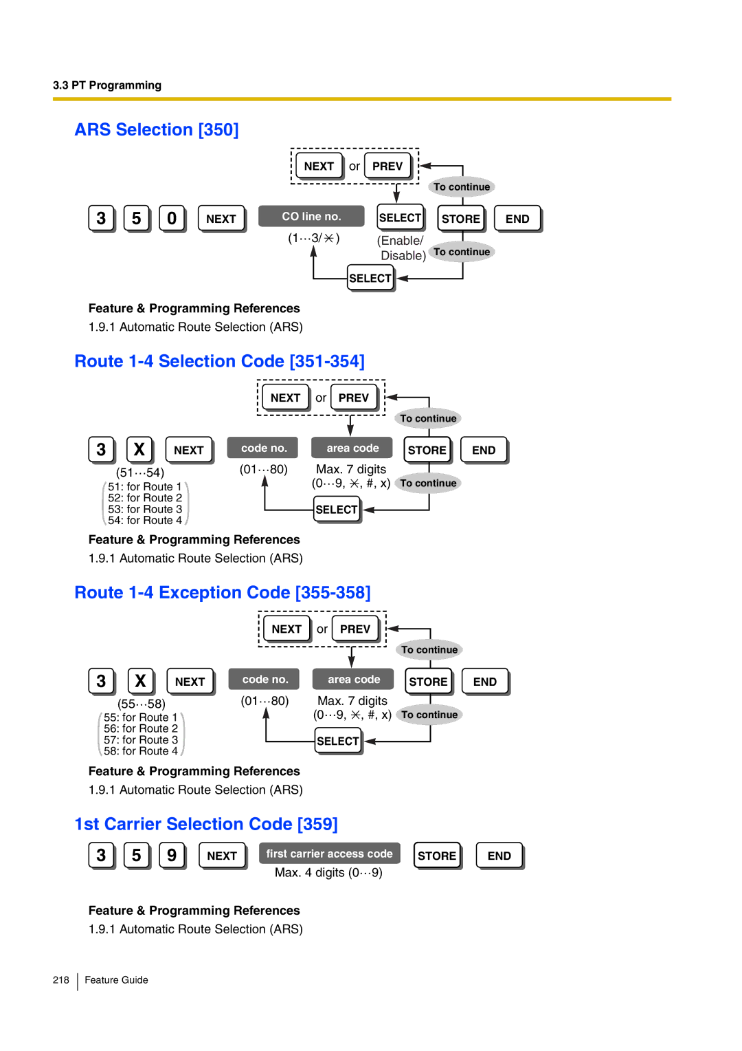 Panasonic kx-tea308 manual ARS Selection, Route 1-4 Selection Code, Route 1-4 Exception Code, 1st Carrier Selection Code 