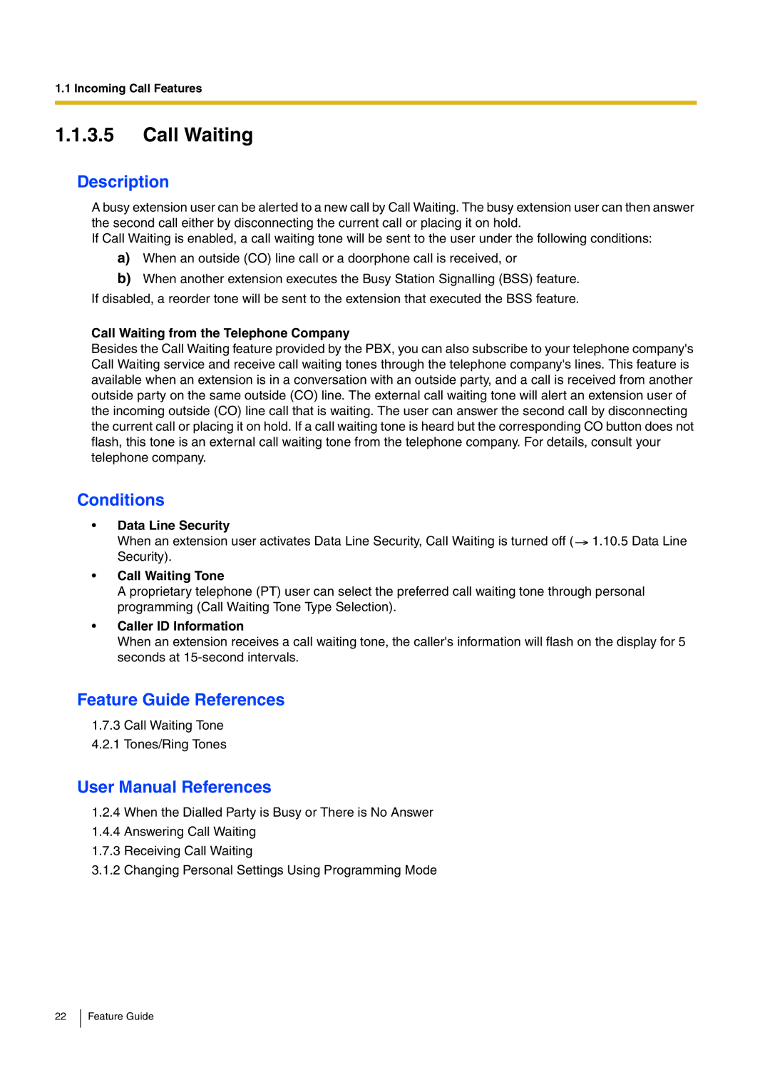 Panasonic kx-tea308 manual Call Waiting from the Telephone Company, Data Line Security, Call Waiting Tone 