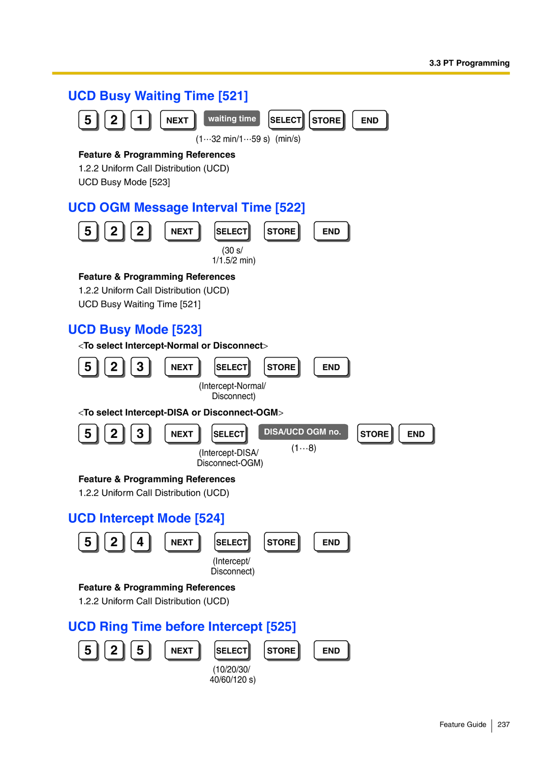 Panasonic kx-tea308 manual UCD Busy Waiting Time, UCD OGM Message Interval Time, UCD Busy Mode, UCD Intercept Mode 