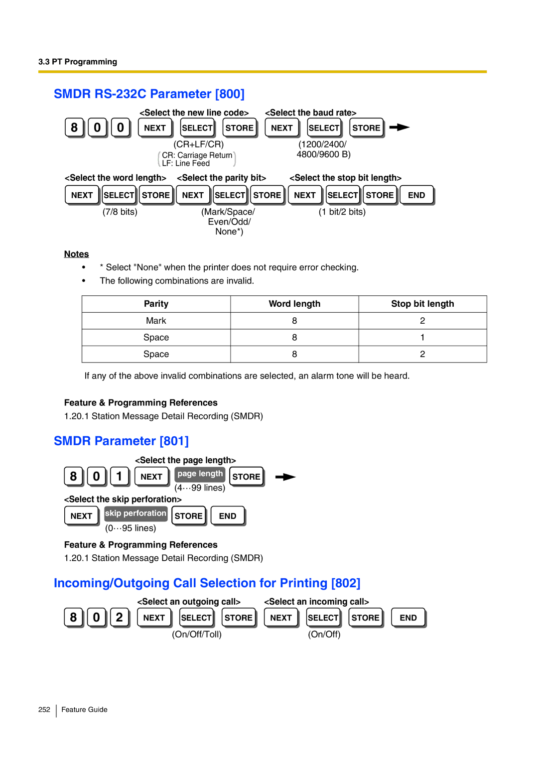 Panasonic kx-tea308 manual Smdr RS-232C Parameter, Smdr Parameter, Incoming/Outgoing Call Selection for Printing 