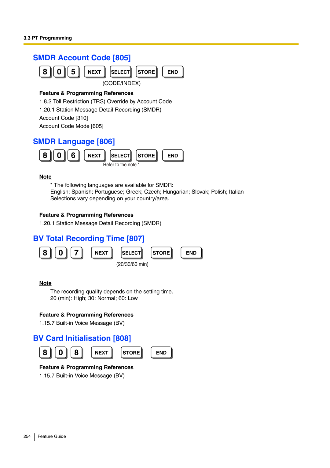 Panasonic kx-tea308 manual Smdr Account Code, Smdr Language, BV Total Recording Time, BV Card Initialisation 