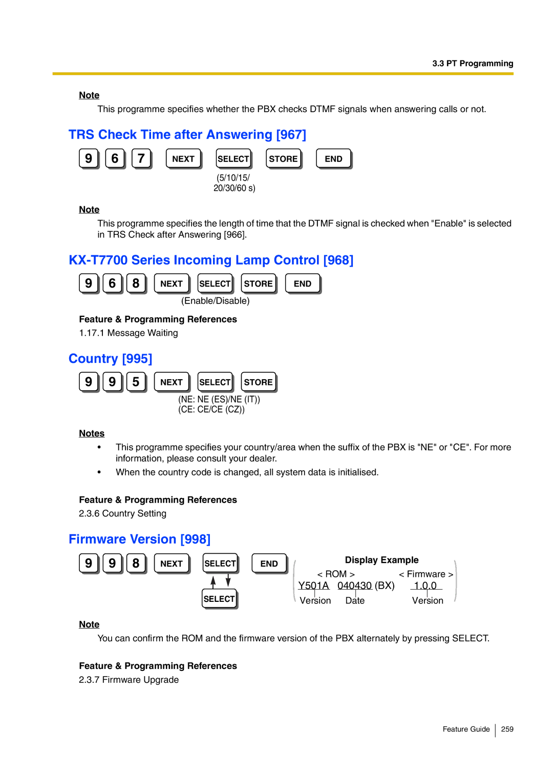 Panasonic kx-tea308 manual TRS Check Time after Answering, KX-T7700 Series Incoming Lamp Control, Country, Firmware Version 