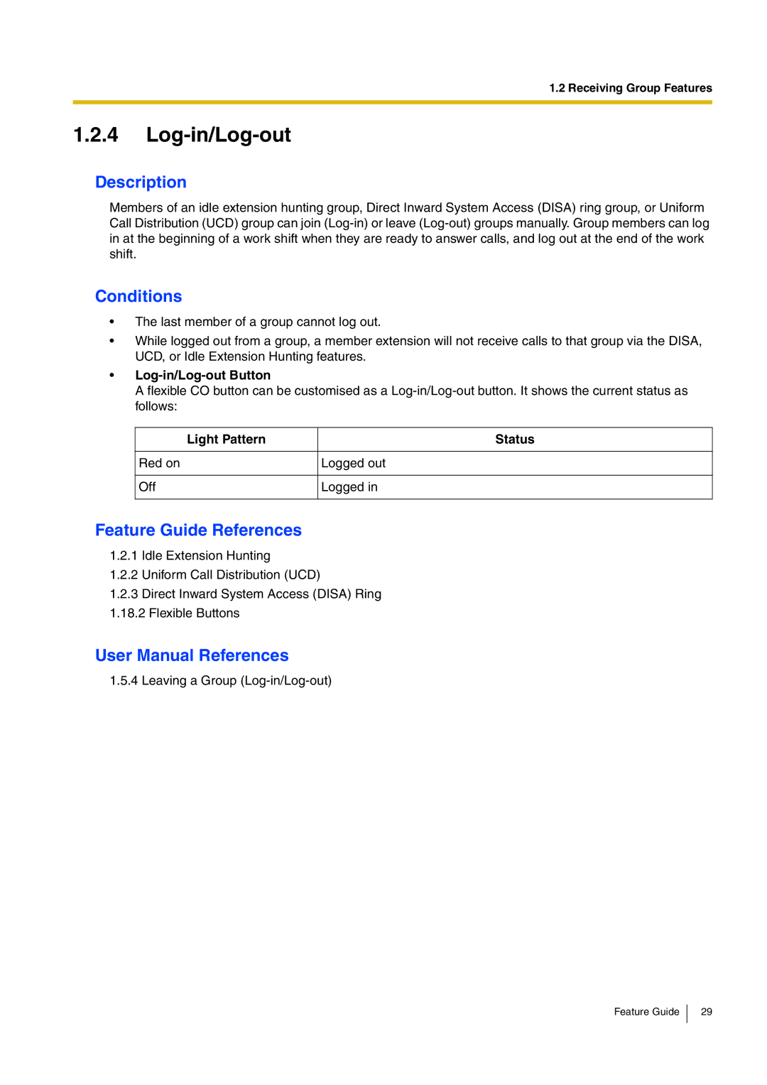 Panasonic kx-tea308 manual Log-in/Log-out Button, Light Pattern Status 