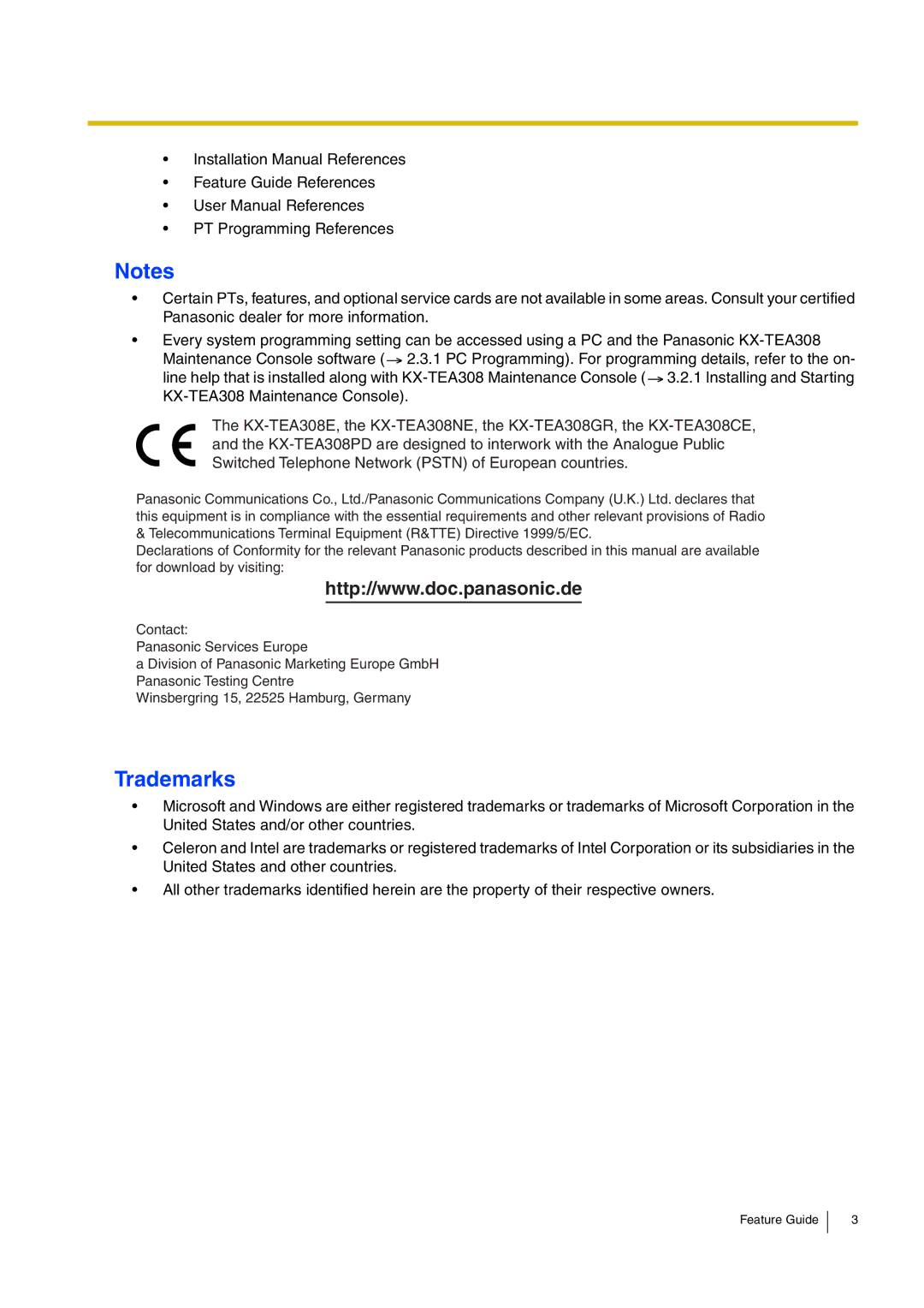 Panasonic kx-tea308 manual Trademarks 