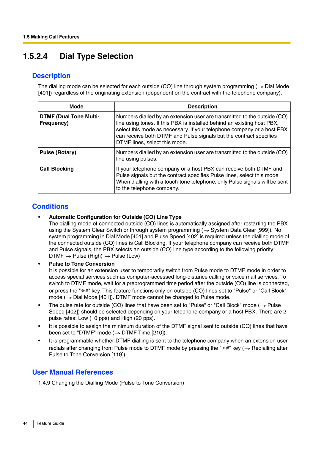 Panasonic kx-tea308 Dial Type Selection, Mode Description Dtmf Dual Tone Multi, Frequency, Pulse Rotary, Call Blocking 