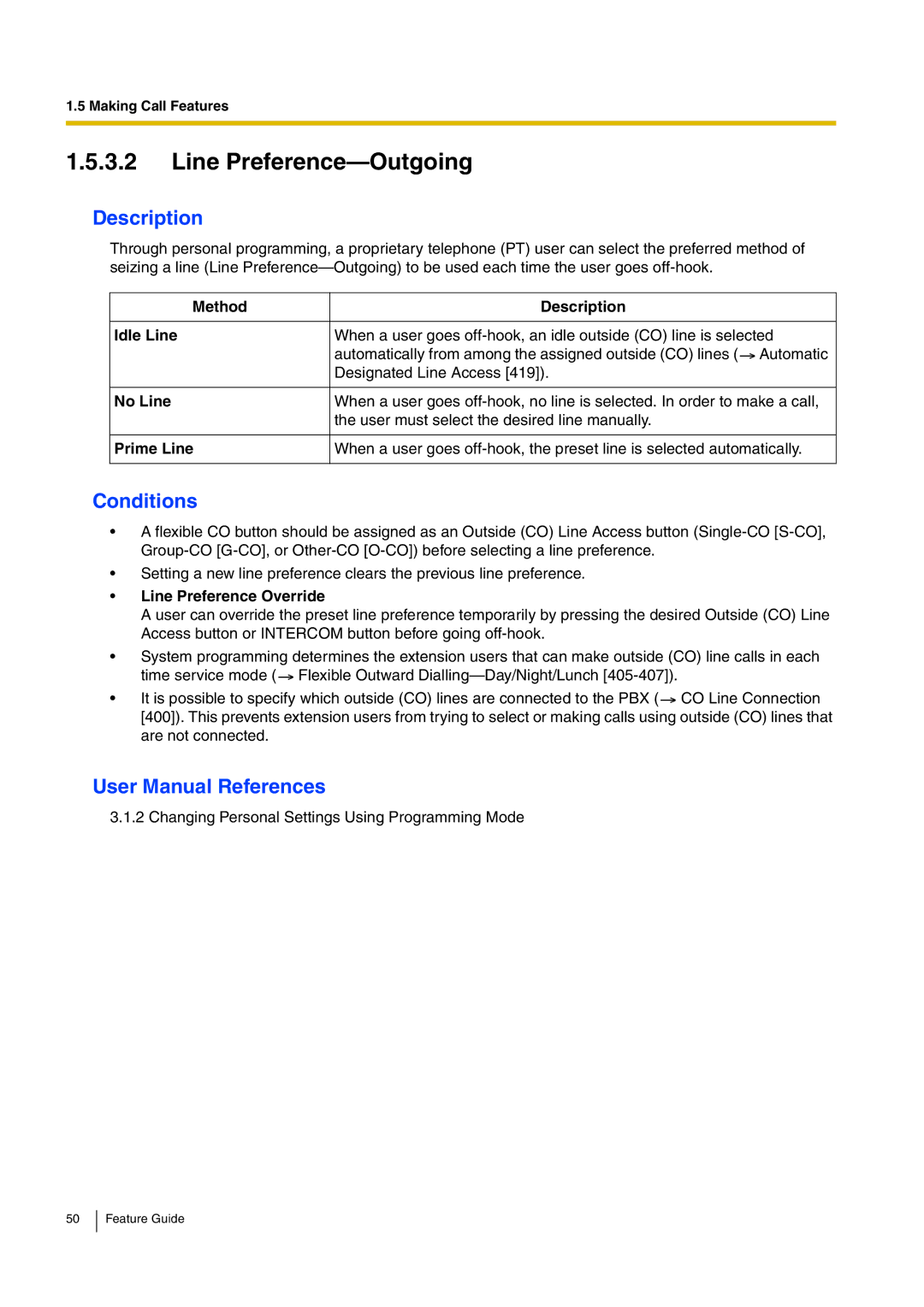 Panasonic kx-tea308 manual Line Preference-Outgoing, Method Description Idle Line, Line Preference Override 