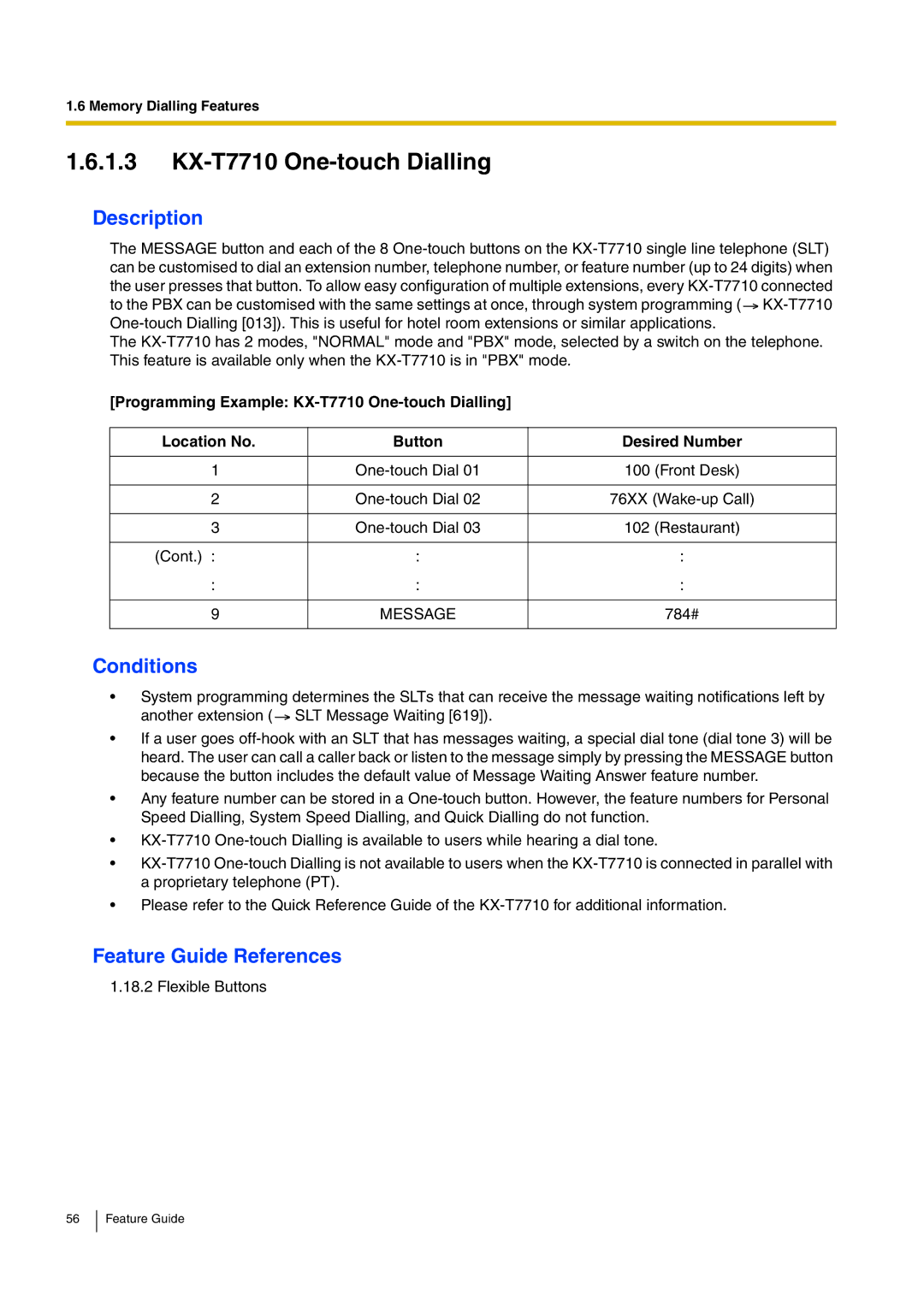 Panasonic kx-tea308 manual KX-T7710 One-touch Dialling 