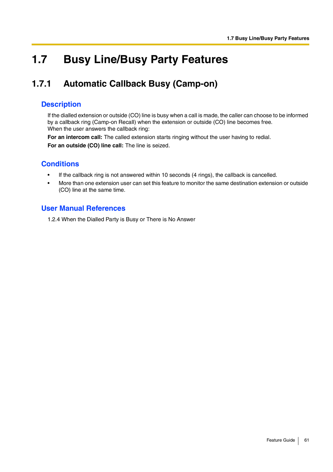 Panasonic kx-tea308 manual Busy Line/Busy Party Features, Automatic Callback Busy Camp-on 