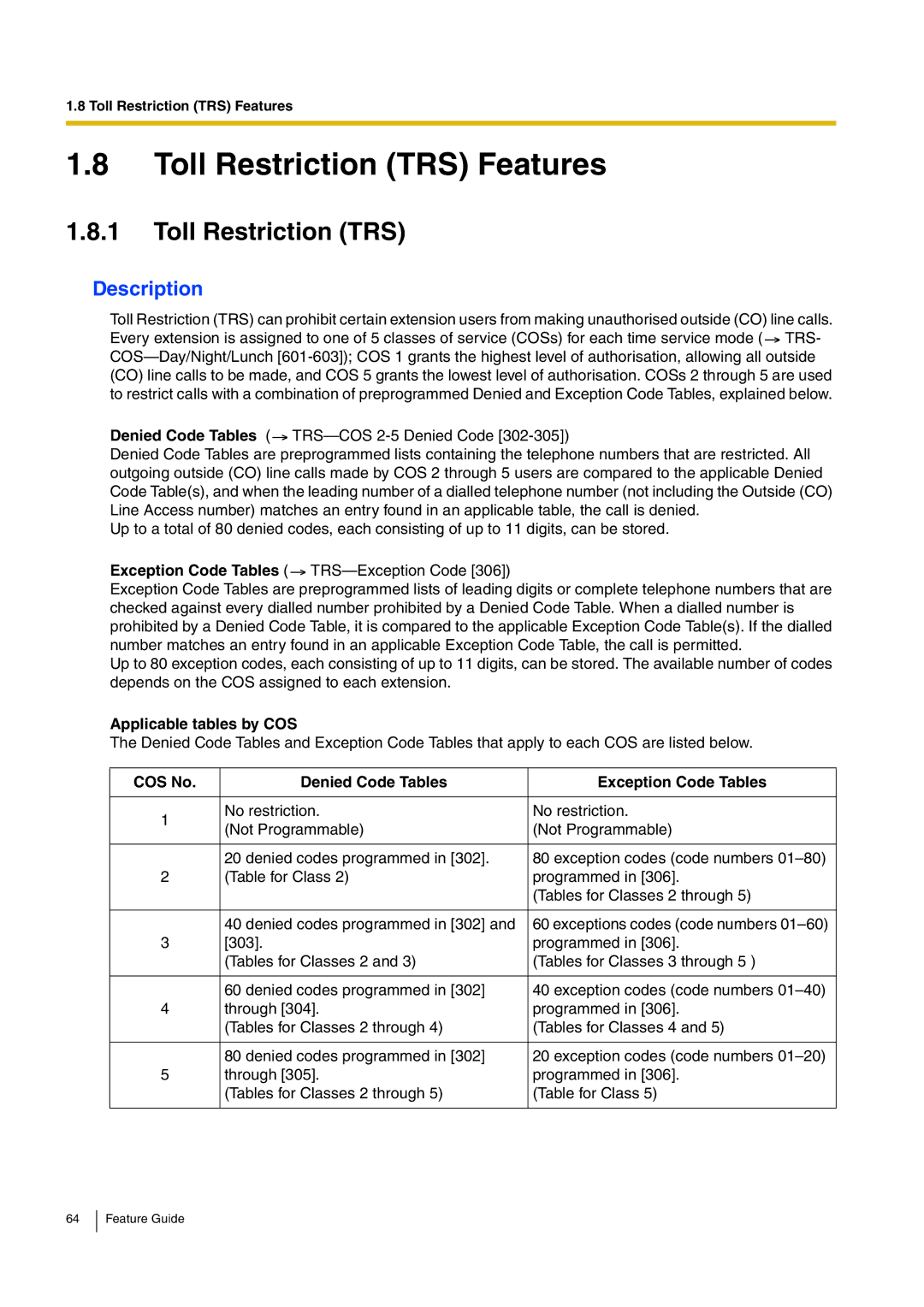 Panasonic kx-tea308 manual Toll Restriction TRS Features, Applicable tables by COS 