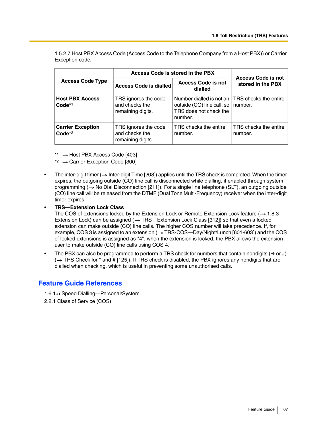 Panasonic kx-tea308 manual Code, Carrier Exception, TRS-Extension Lock Class 