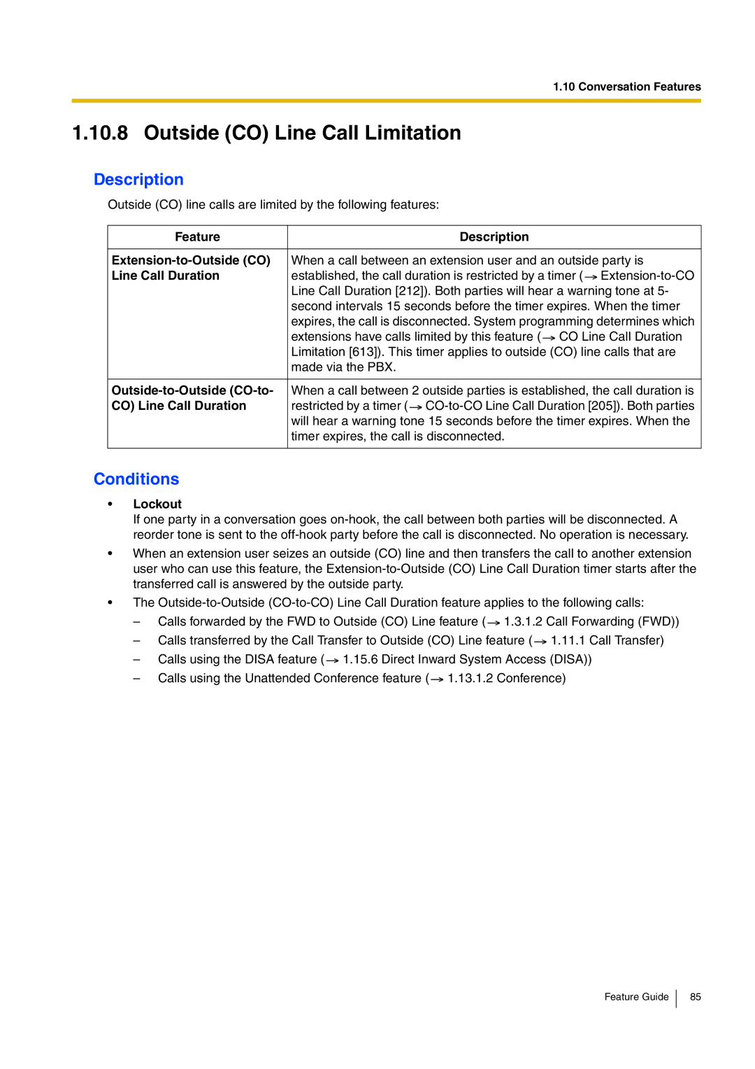 Panasonic kx-tea308 manual Outside CO Line Call Limitation 