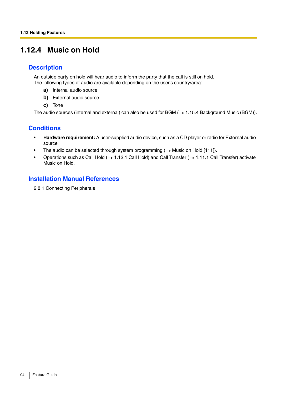 Panasonic kx-tea308 manual Music on Hold 