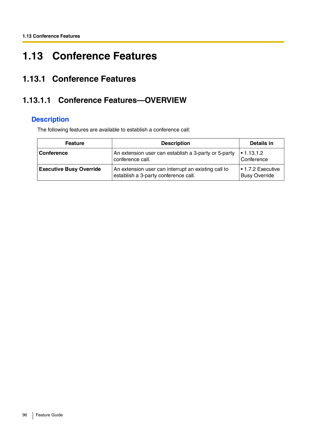 Panasonic kx-tea308 Conference Features-OVERVIEW, Feature Description Details Conference, Executive Busy Override 