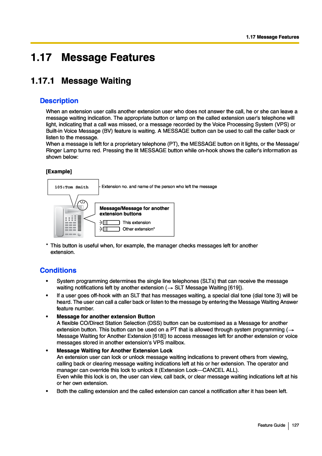 Panasonic kx-tea308 manual Message Features, Message Waiting, Description, Conditions, Example 