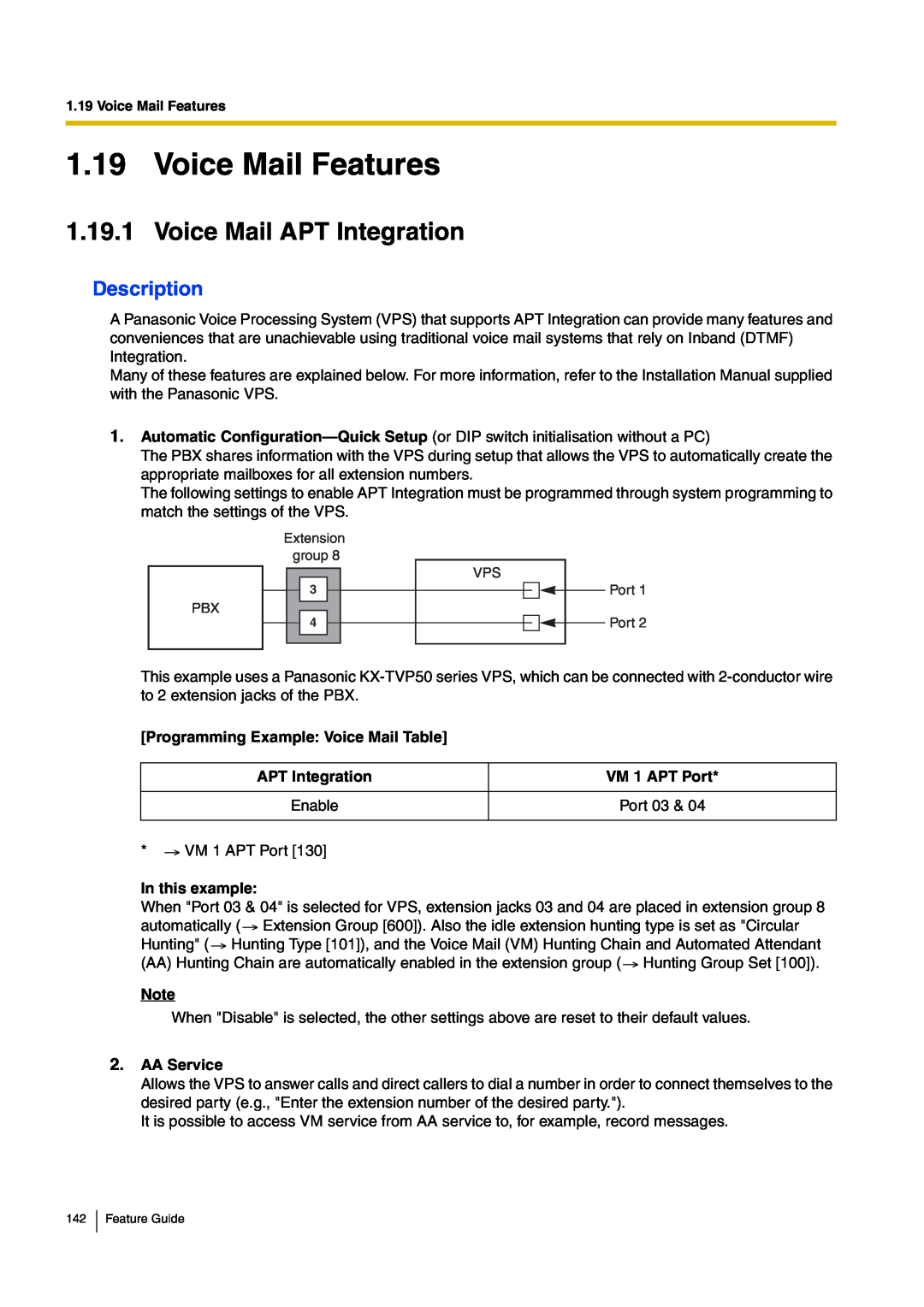 Panasonic kx-tea308 Voice Mail Features, Voice Mail APT Integration, Description, Programming Example: Voice Mail Table 