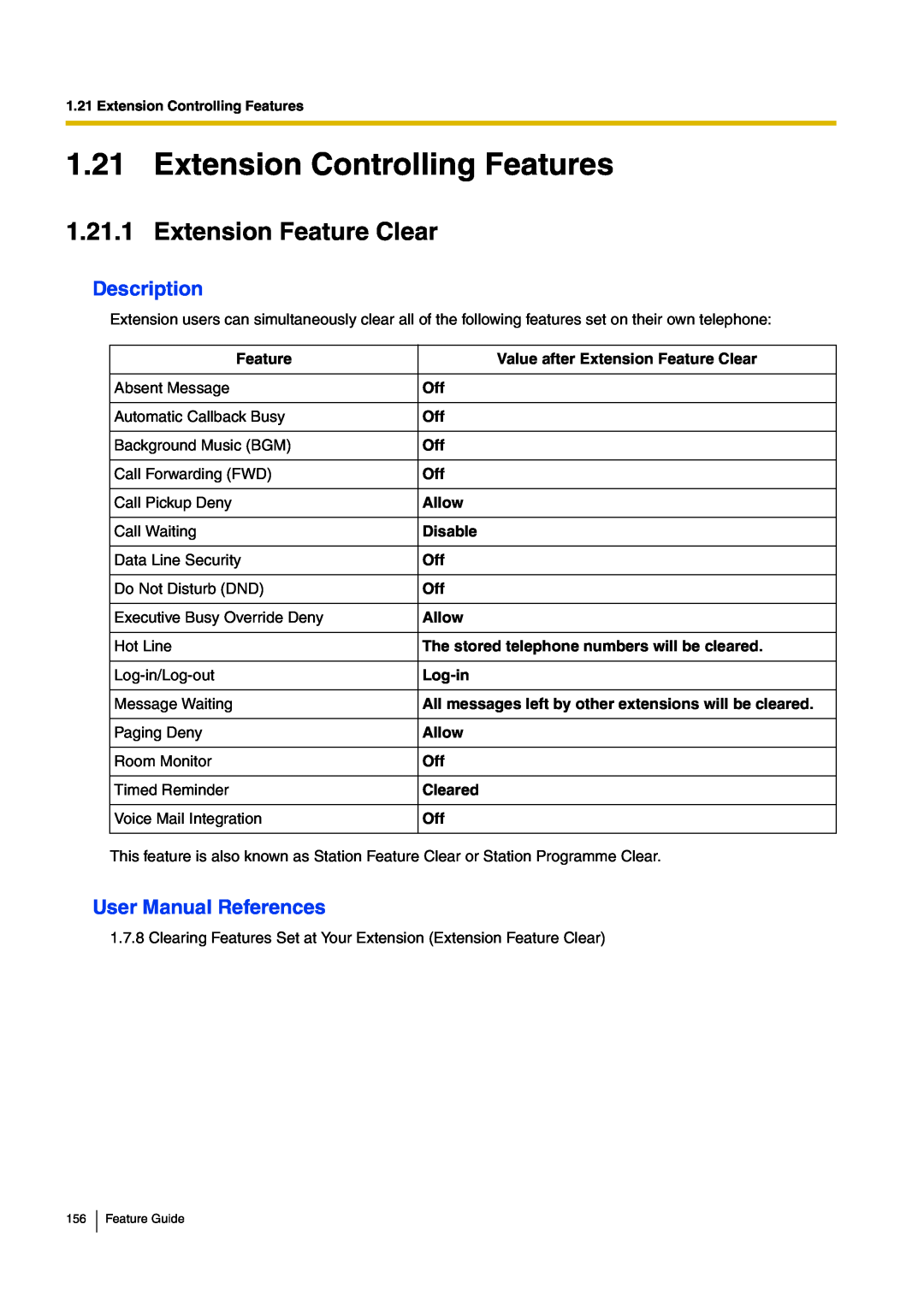 Panasonic kx-tea308 Extension Controlling Features, Extension Feature Clear, Description, User Manual References, Allow 