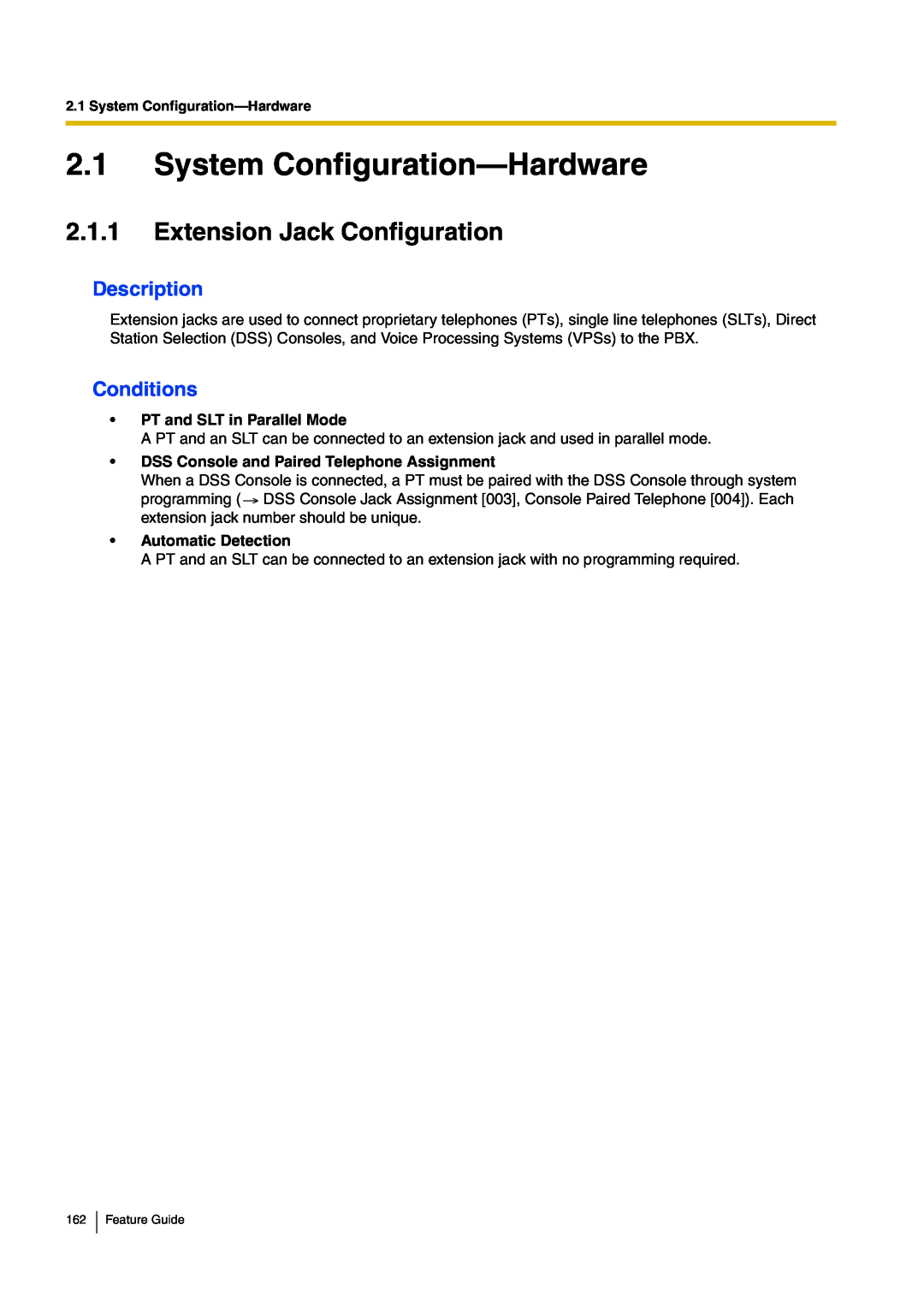 Panasonic kx-tea308 manual 2.1System Configuration—Hardware, 2.1.1Extension Jack Configuration, Description, Conditions 