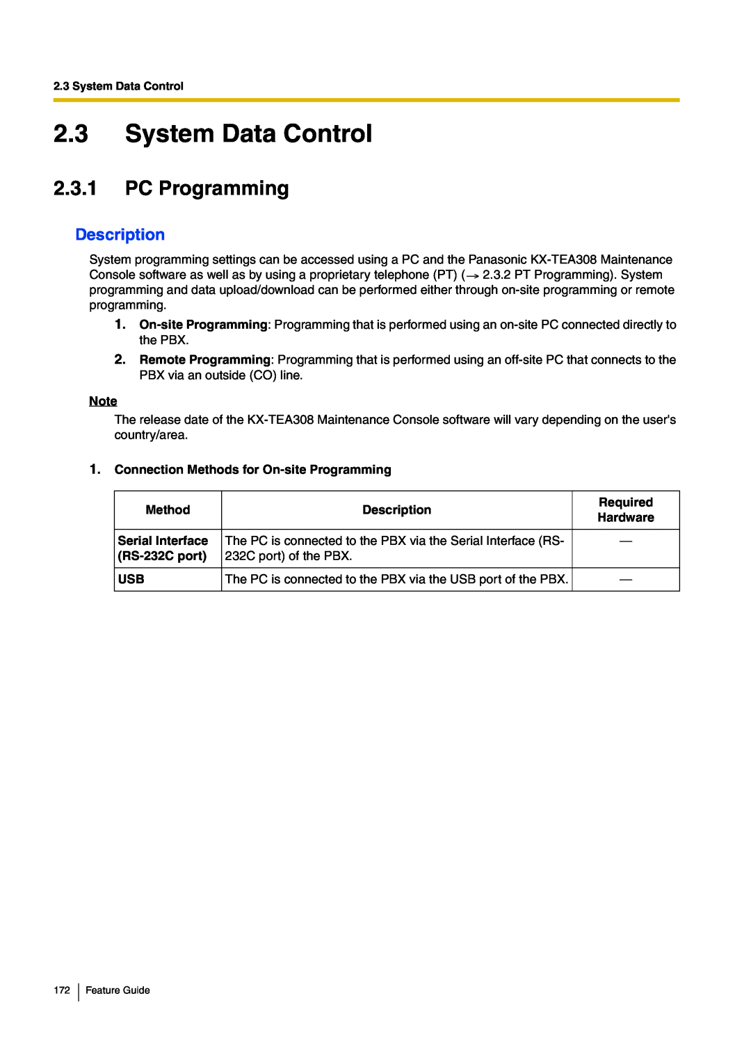Panasonic kx-tea308 2.3System Data Control, 2.3.1PC Programming, Description, Connection Methods for On-siteProgramming 