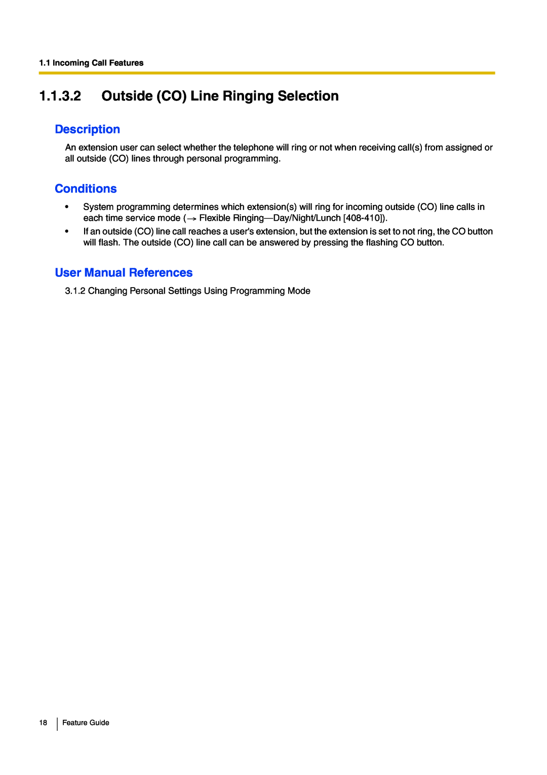 Panasonic kx-tea308 manual 1.1.3.2Outside CO Line Ringing Selection, Description, Conditions 
