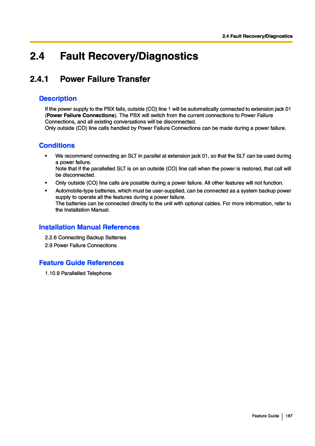 Panasonic kx-tea308 manual 2.4Fault Recovery/Diagnostics, 2.4.1Power Failure Transfer, Description, Conditions 