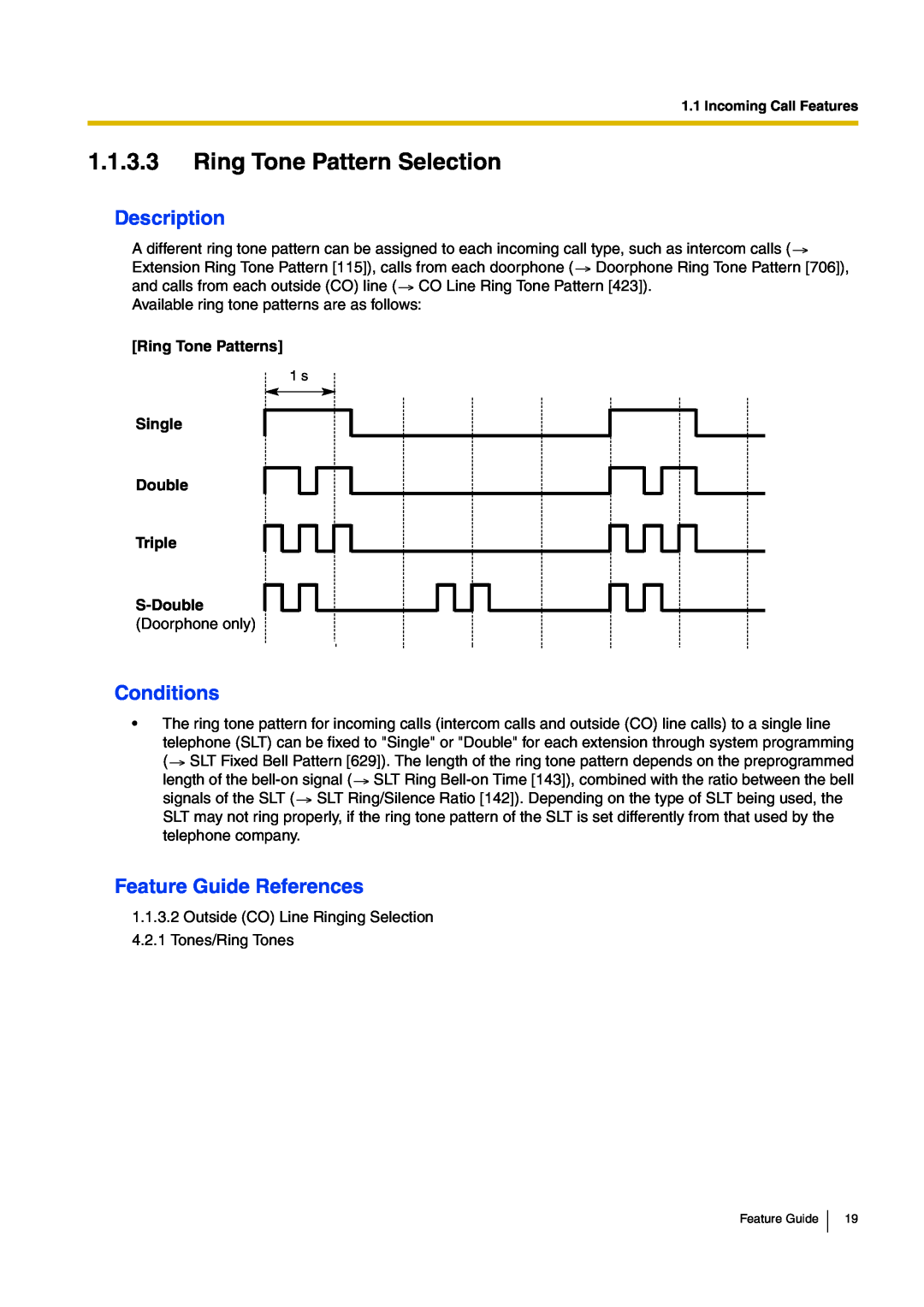 Panasonic kx-tea308 manual 1.1.3.3Ring Tone Pattern Selection, Description, Conditions, Feature Guide References 
